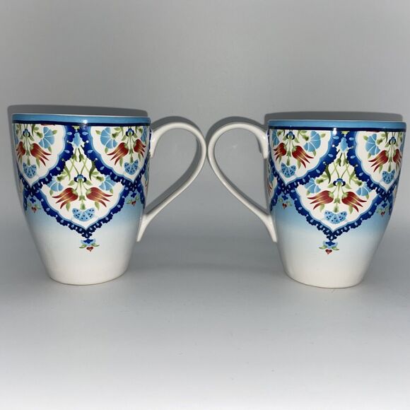 222 Fifth Tunisia Porcelain Floral Blue Coffee Cup Mug Set of 2 - Picture 5 of 10